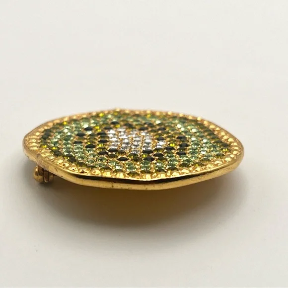 Vintage Carlisle Signed Swarovski Rhinestone Green Gold Kiwi Brooch - Picture 4 of 10